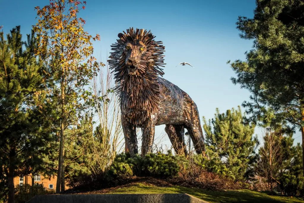Aslan sculpture overlooking the event space at C.S. Lewis Square, East Belfast