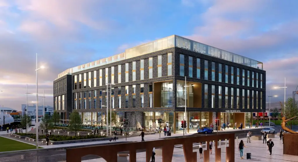 Public realm and promenade associated with Hamilton Dock Hotel within Titanic Quarter