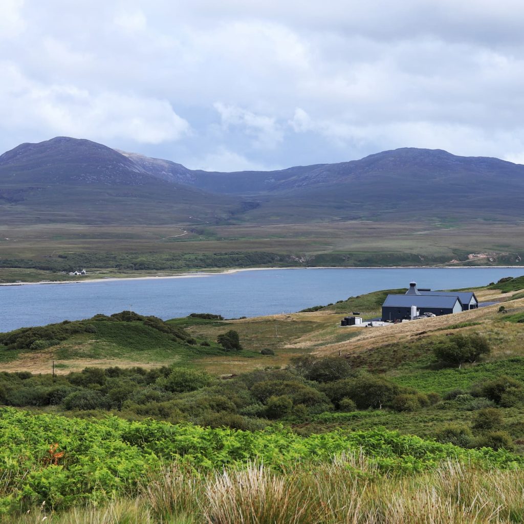 Scenic location of Ardnahoe Distillery Islay, overlooking The Paps of Jura